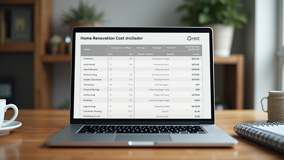 Eye-level view of a laptop screen showing a home renovation cost calculator