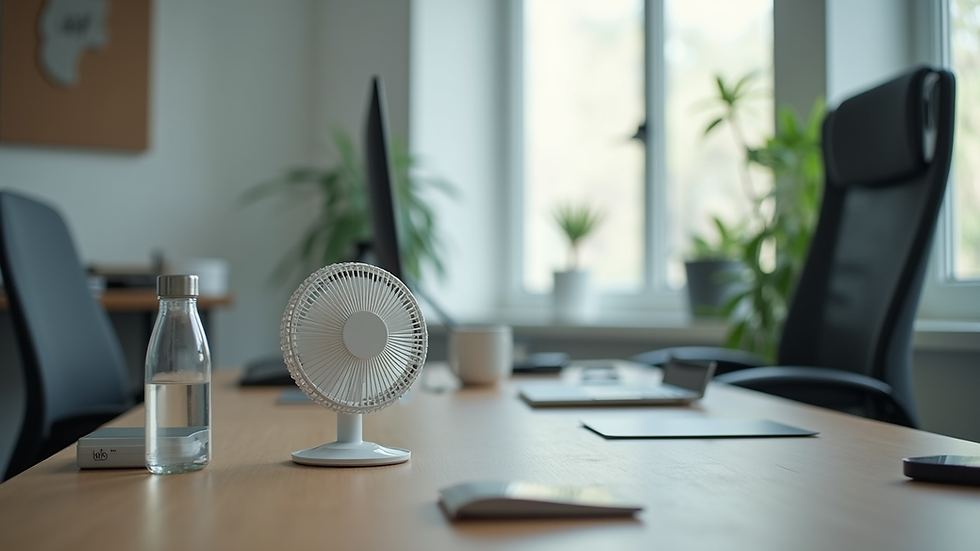 Eye-level view of a modern office desk with a small fan and water bottle