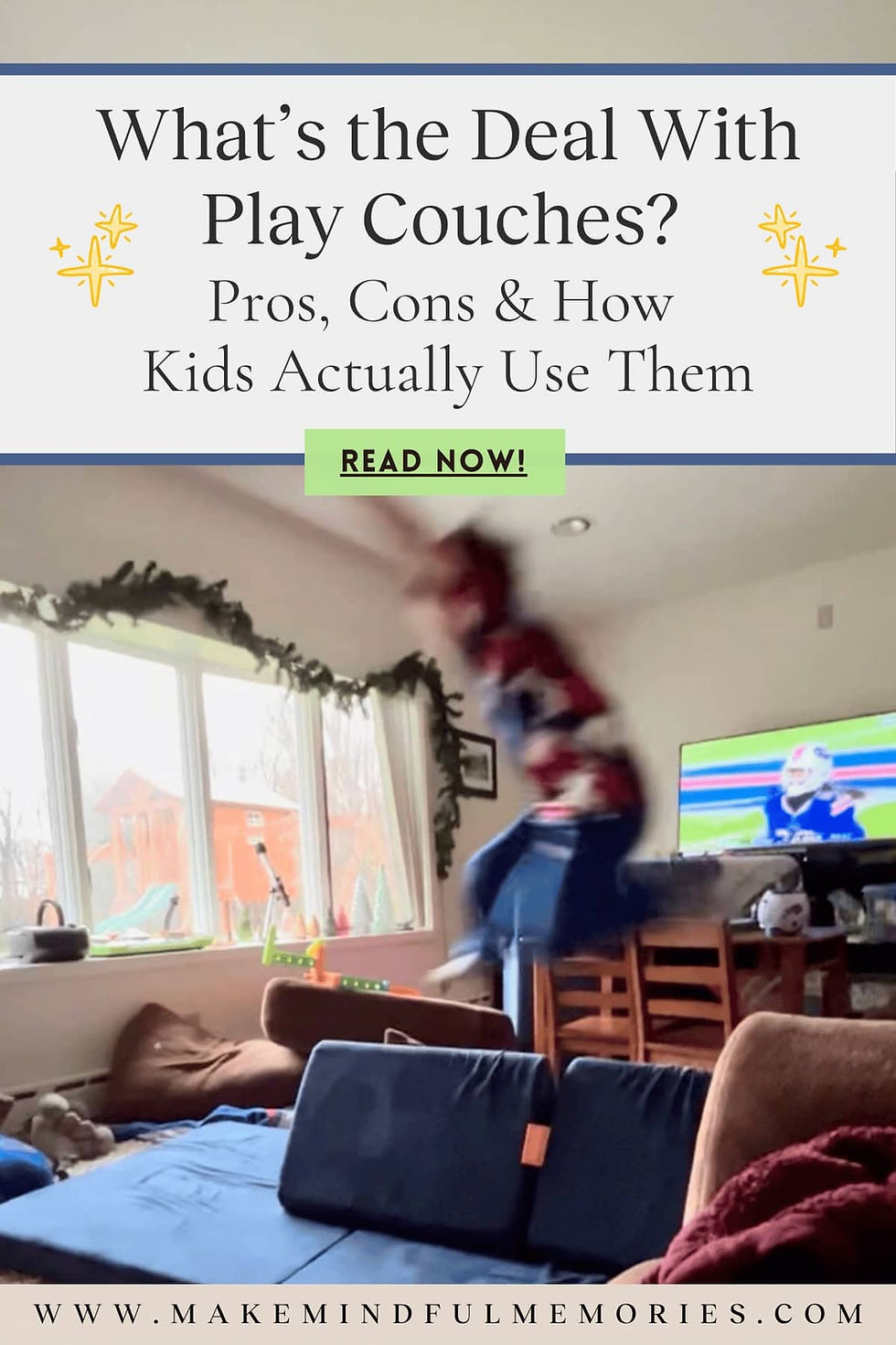 Pinterest graphic for the blog post "What’s the Deal With Play Couches?" with text overlay and blurred image of a child jumping onto play couch cushions.