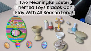 Easter-themed toys on a table include a cross, chalice, and colorful striped eggs. Text: Two Meaningful Easter Themed Toys Kiddos Can Play With All Season Long!