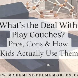 Neutral-toned playroom with a navy blue play couch arranged in a stepped structure; overlaid blog title reads "What’s the Deal With Play Couches? Pros, Cons & How Kids Actually Use Them"
