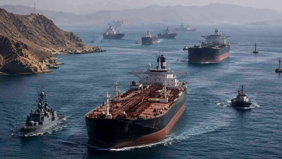 Large tankers and smaller ships navigate a blue sea channel flanked by rugged hills under a clear sky. Maritime scene with a calm mood.