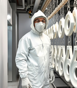 Guy in white paint suit Powder coating parts hanging on a conveyor.jpg
