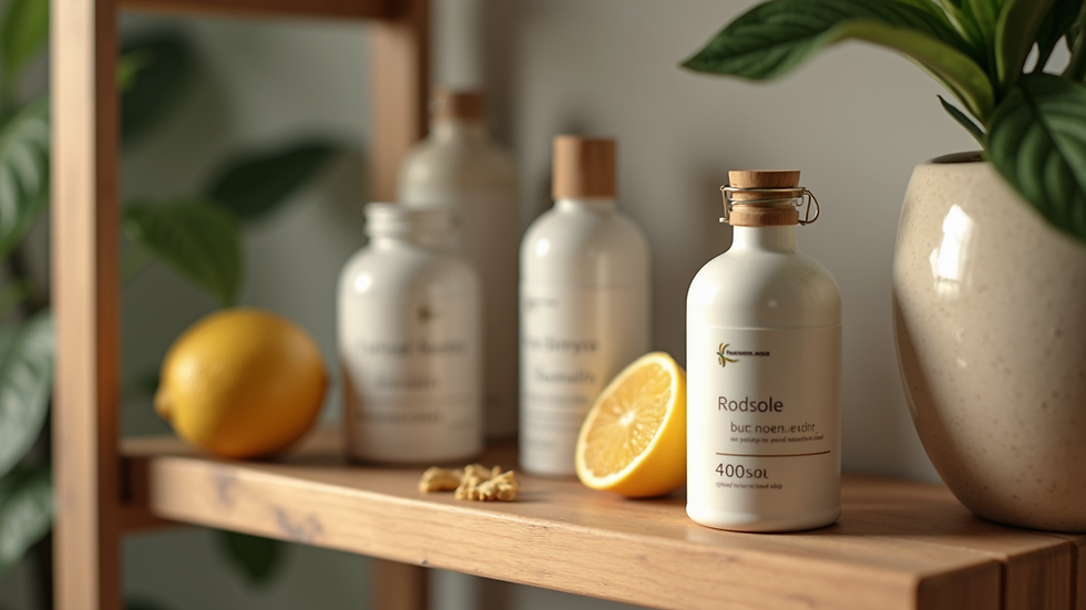 Close-up view of natural health products on a wooden shelf