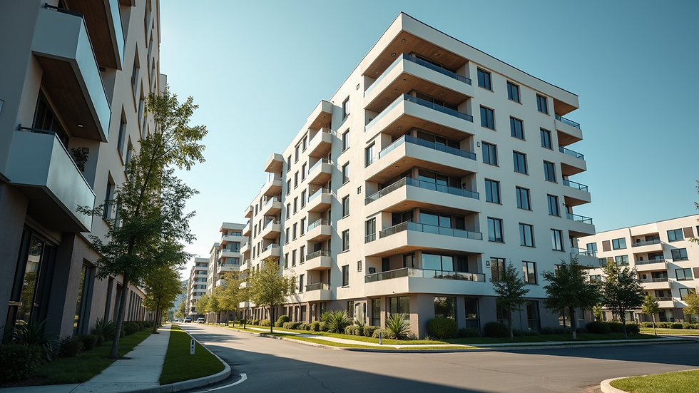 Eye-level view of a modern rental apartment building
