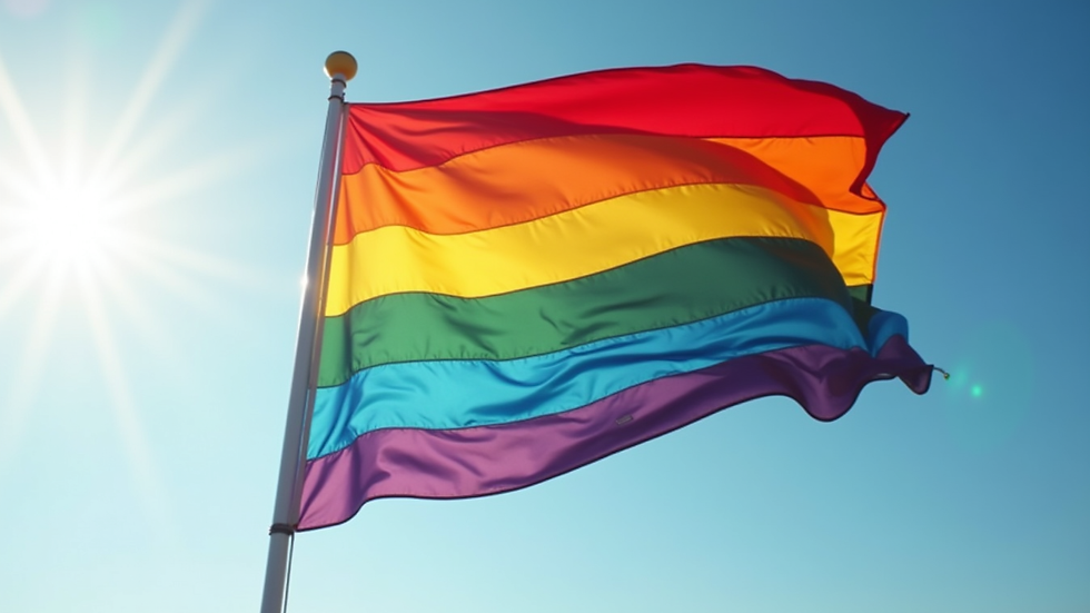 Close-up of a rainbow flag waving gently in the wind on a sunny day