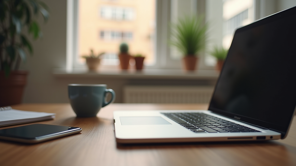 Eye-level view of a cozy home office setup with a laptop and a cup of tea