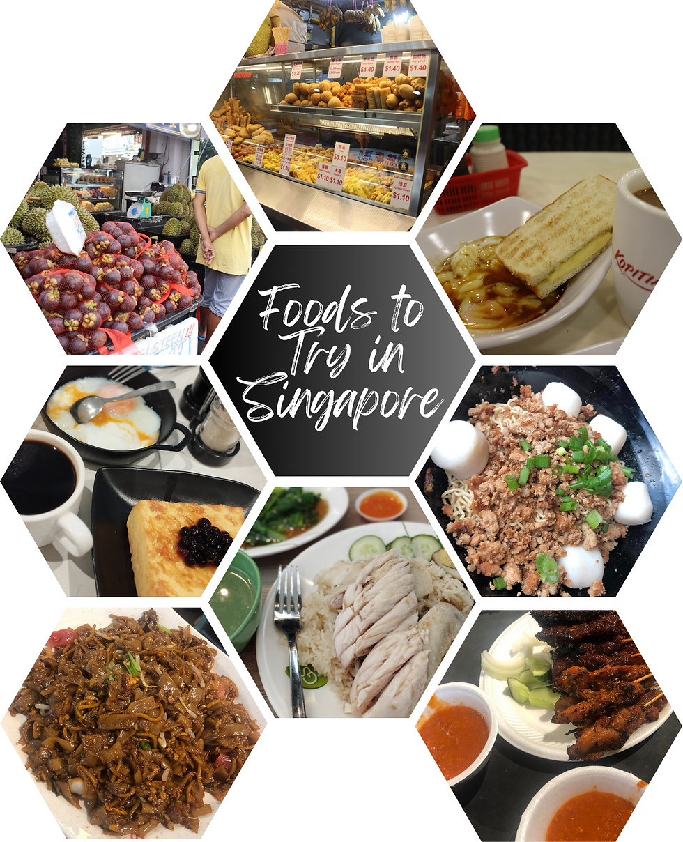 food to try in Singapore, chicken rice, char kway teow, kaya sandwich, satay