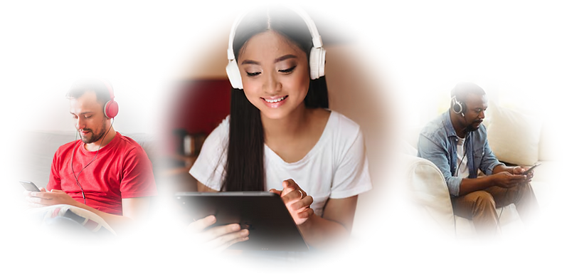 An Image of Two Men and A Woman Listening to Audio Books 