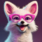 Mit KI (Adobe Firefly) generierter weißer Wüstenfuchs mit pinker Brille, der fröhlich lächelt