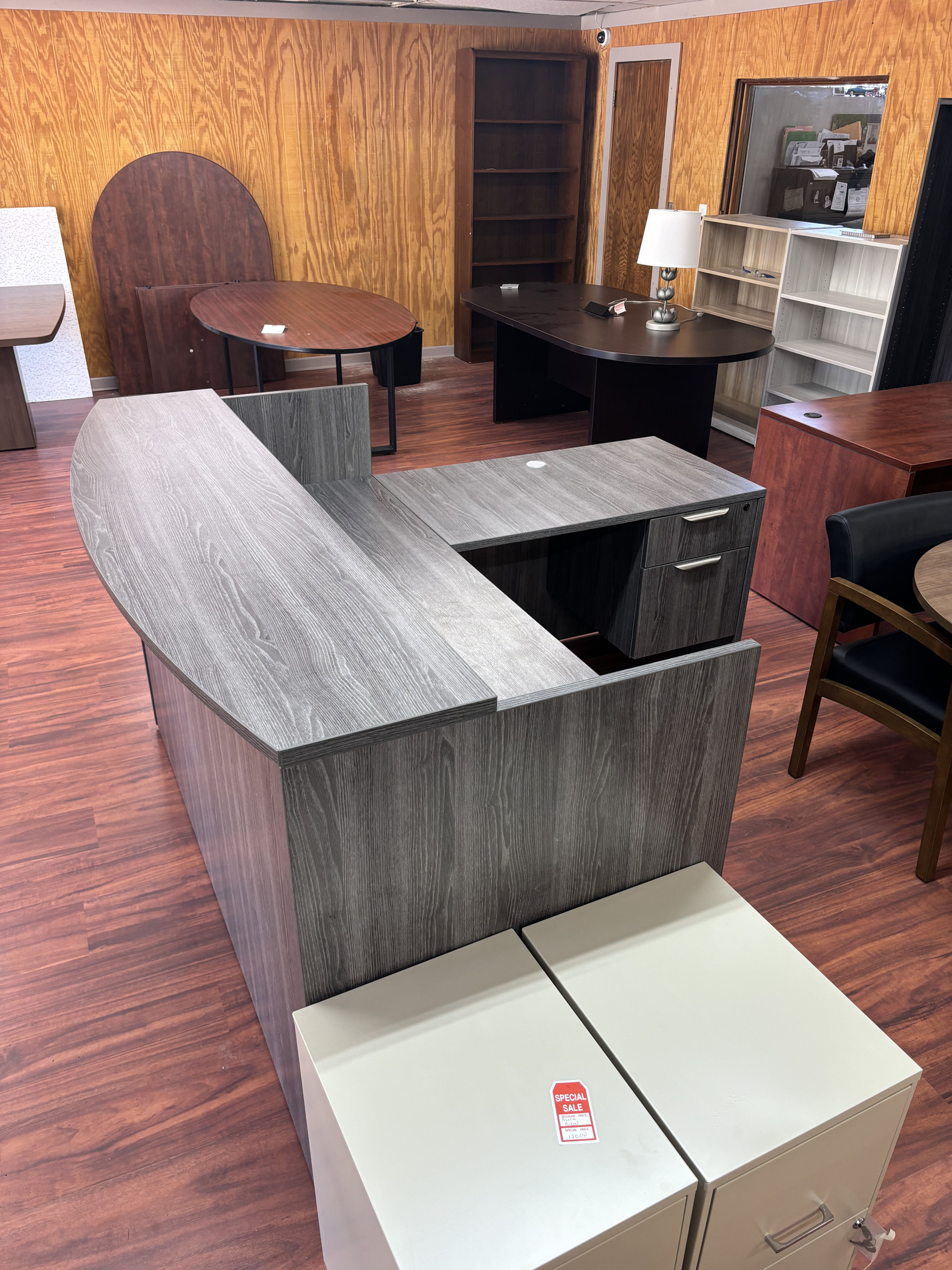 Newport Gray Reception Desk with Transaction Top and 2 Hanging Peds