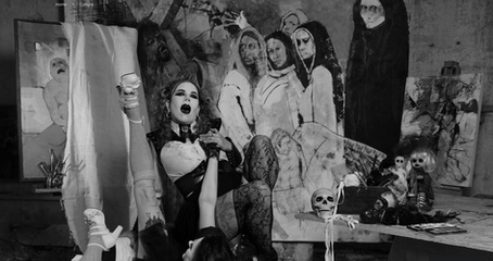 Spooky happenings at The Factory, my large studio, with a Halloween photoshoot and my art as a backdrop.