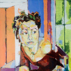 Expressionist oil painting by Jack Watto of a seated woman in vivid interior tones