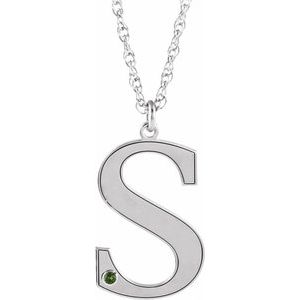 14K White Engravable Imitation Peridot Initial S 18 Necklace"