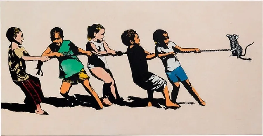 banksy art kids and a rat tug o war.webp