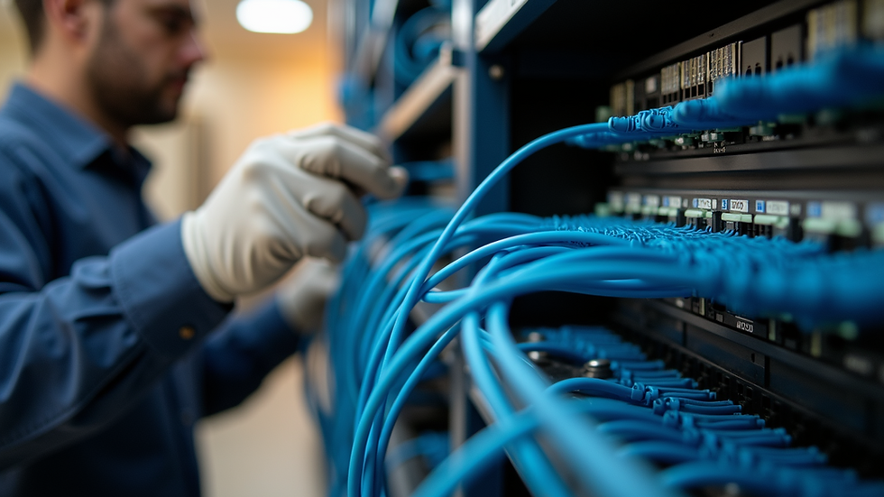 Close-up view of a technician installing fiber optic cables in a home