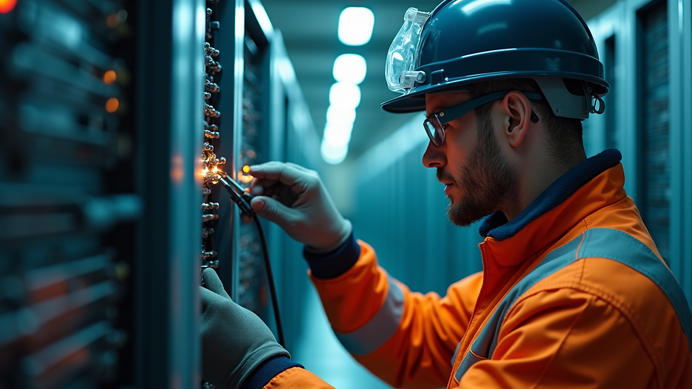 Close-up view of a technician inspecting telecom cables