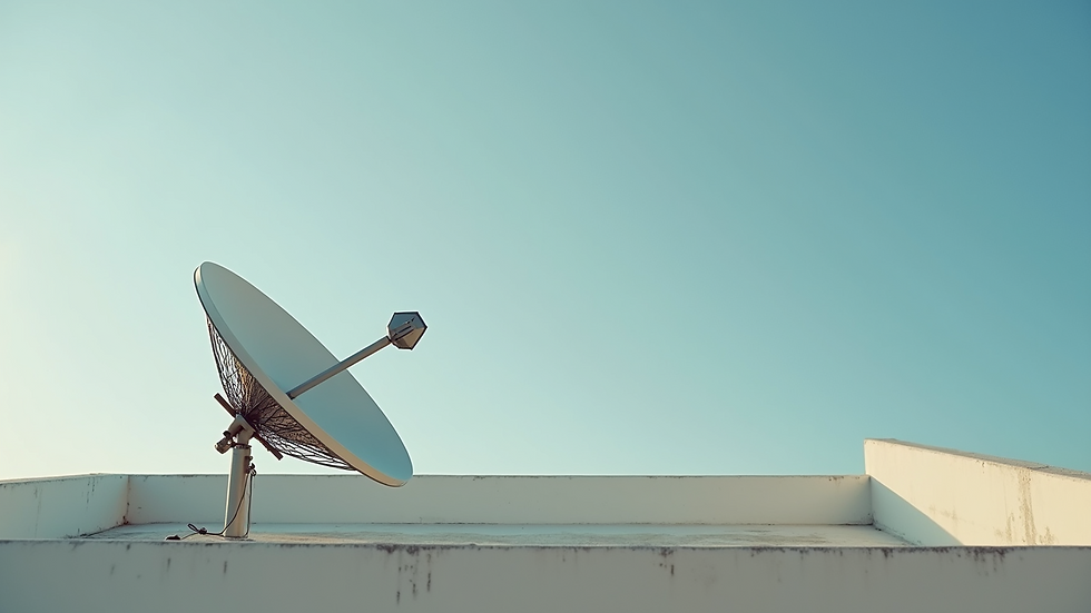 High angle view of a satellite dish on a rooftop with clear sky