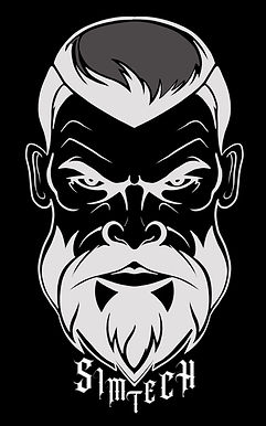 Illustrated face logo of a bearded man used as part of SimTech Communications branding.