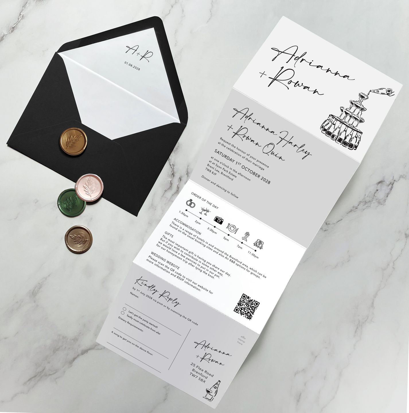 Hand drawn concertina wedding invitation on white card with black envelope