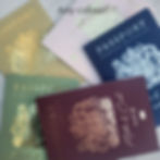 Close up of Passport wedding invitation on luxury card in Burgundy, Navy and Sage Green.