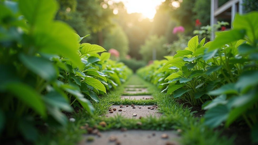 Eye-level view of a lush green garden with diverse plants