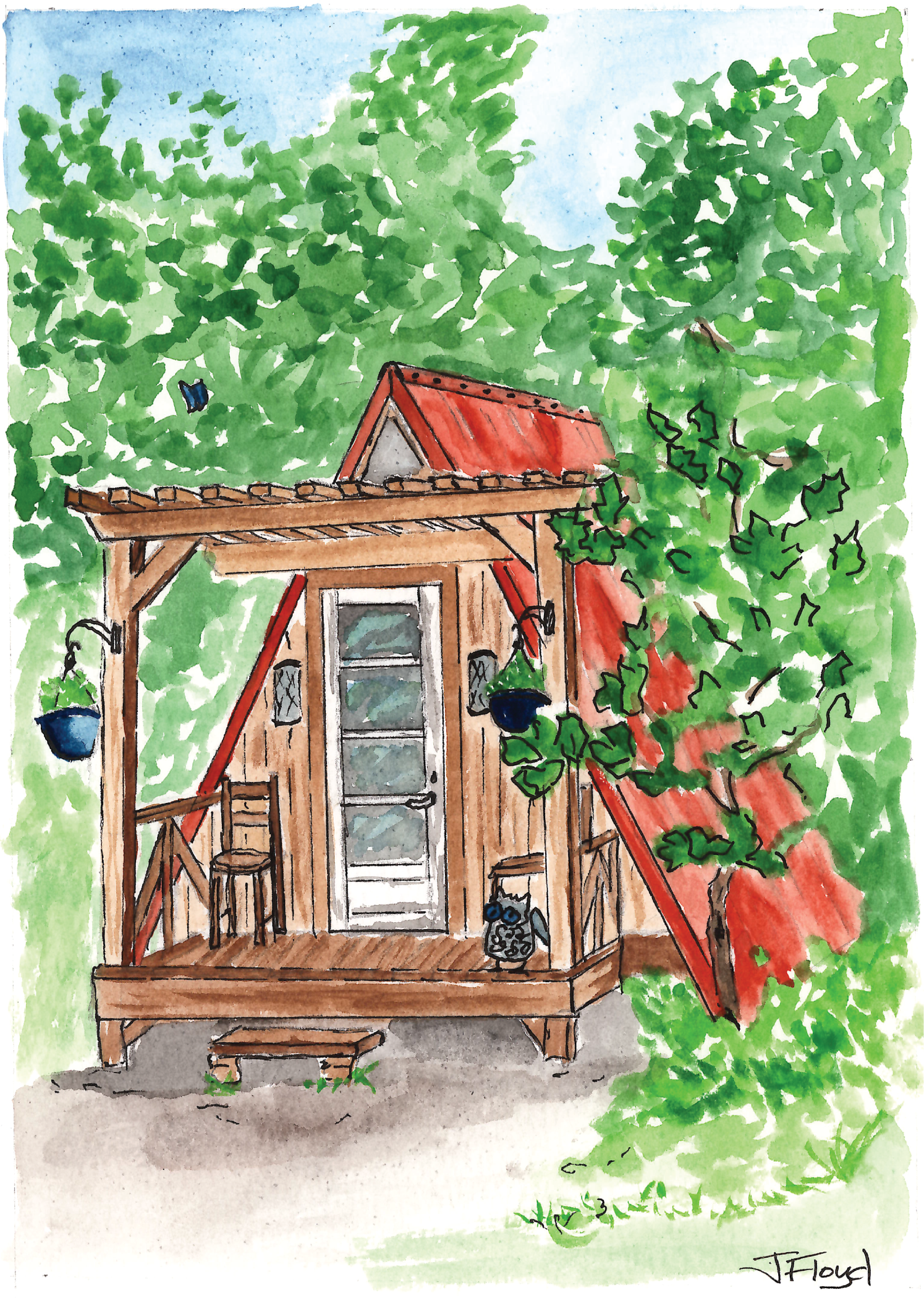 Creekside Cabin Watercolor Print 5"x7"