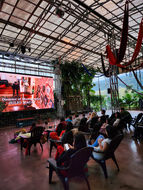 worldschool kids at outdoor movie night at caoba farms in antigua guatemala