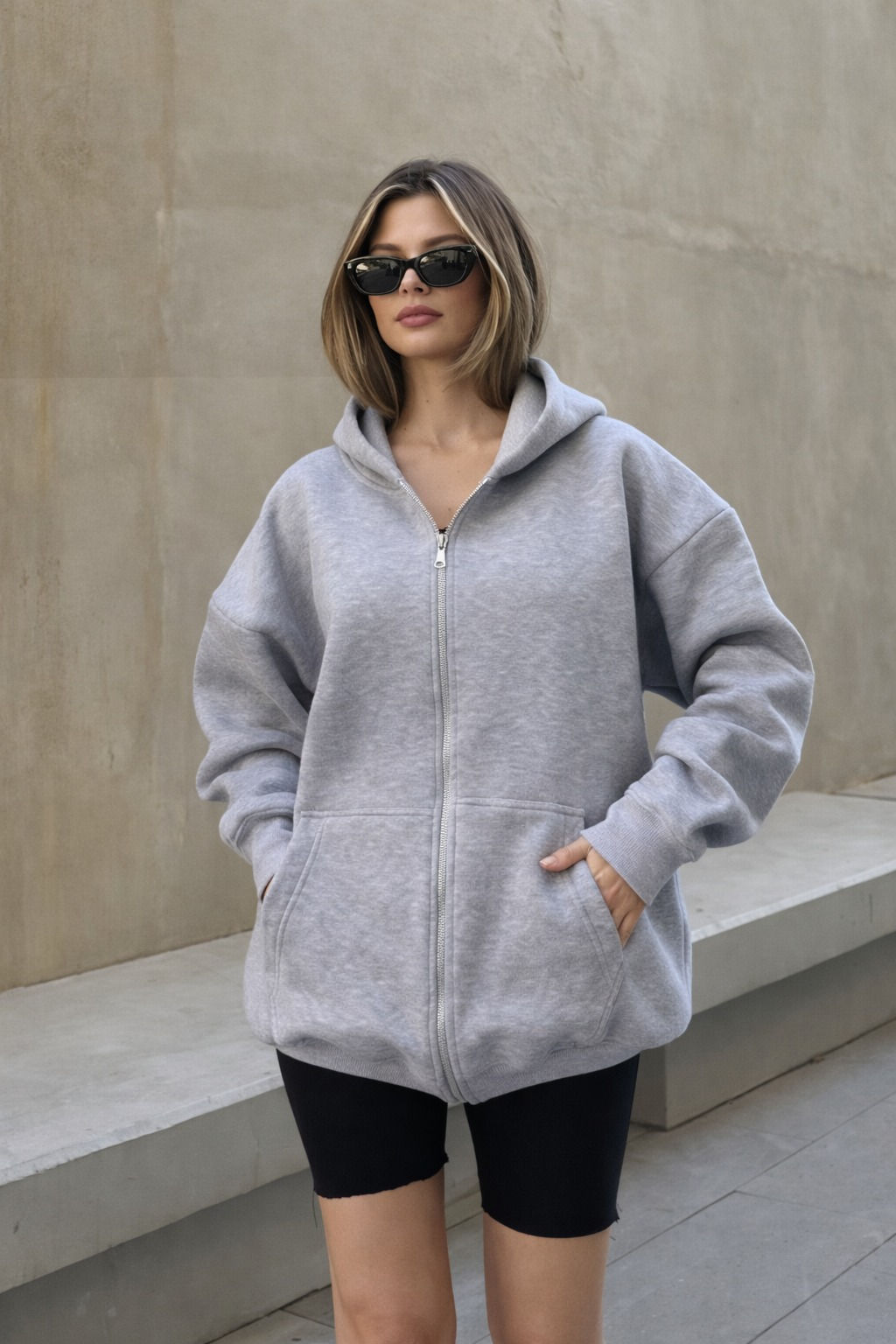 Fermuarlı Şardonlu Oversize Sweatshirt - Gri