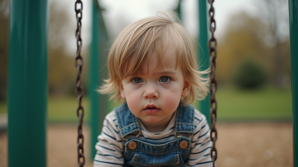 Eye-level view of a concerned child sitting alone on a playground swing