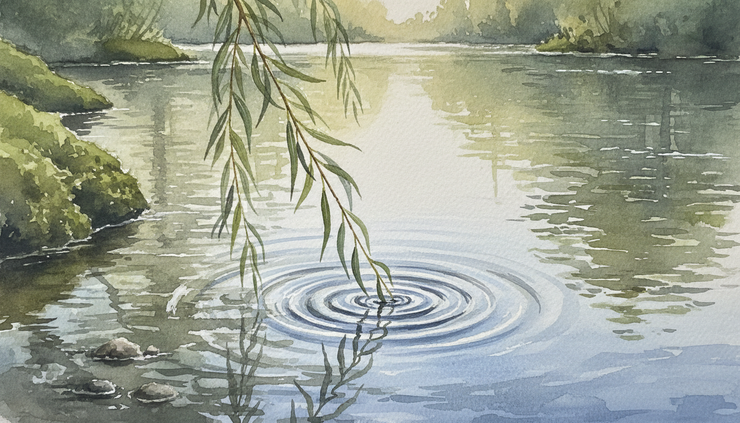 Close-up view of a single willow branch touching the surface of a quiet stream.