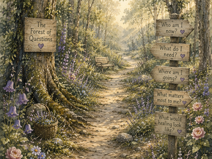 The Forest of Questions, a woodland path symbolising life's transitions, uncertainty, self-discovery and finding a way forward through counselling.