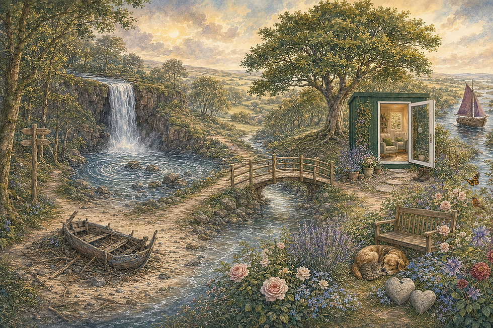 Watercolour Therapy Roadmap illustrating counselling for grief, loss and life transitions, featuring a therapy cabin, woodland paths, rivers and places of reflection in Littlehampton, West Sussex.