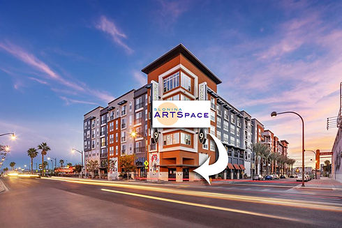 Illustration of the Ely on Fremont building with a Slonina ARTSpace logo and arrow pointing to the entrance