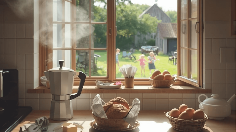 Ett lantligt kök i morgonljus med nybakat bröd, ägg och en kaffekanna på bänken. Genom det öppna fönstret syns en grön gård där barn leker mellan gårdshus och träd.