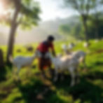 A farmer tends to indigenous goats on a lush green pasture in Northeast India, highlighting efforts to preserve local livestock breeds essential for maintaining biodiversity and cultural heritage.