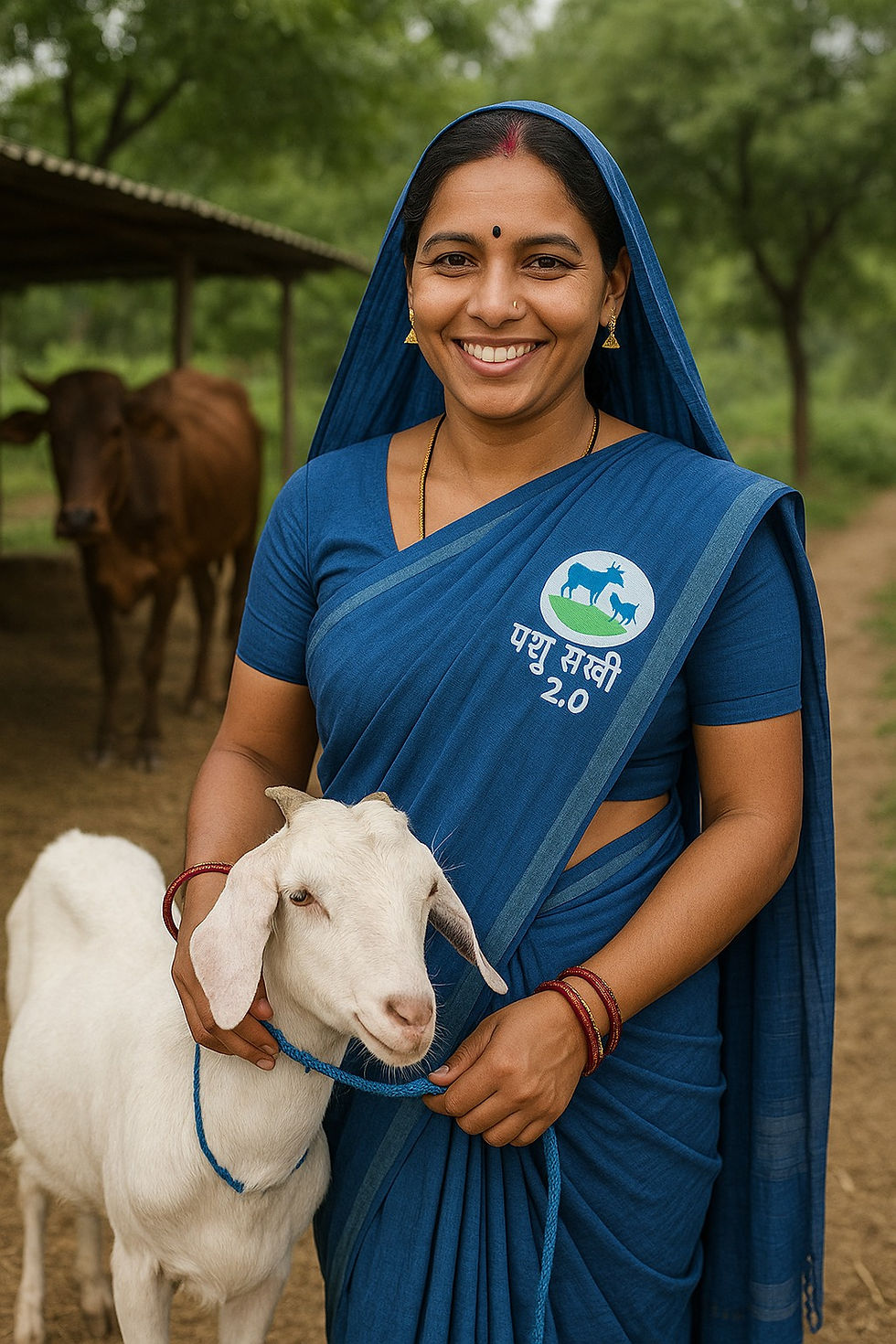 Smiling woman in blue sari with goat