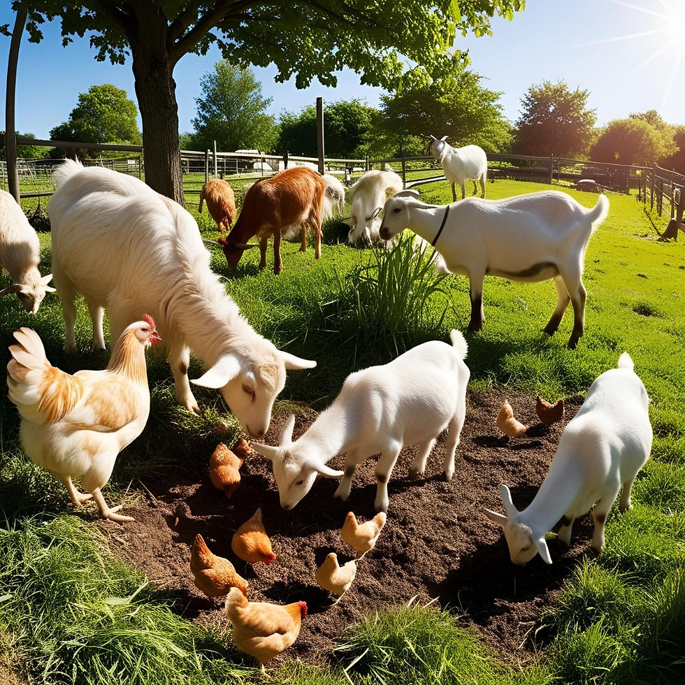 Harmony in Agriculture: Goats and chickens graze under the warm sun, embodying sustainable livestock farming practices for a greener future.