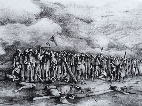 A pencil drawing in a morose tone of a wide column of 1940s-looking soldiers/prisoners with a gallows marching glumly.