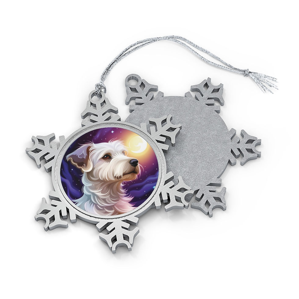 pewter snowflake ornament with fantasy portrait of a Chatterdale Terrier dog