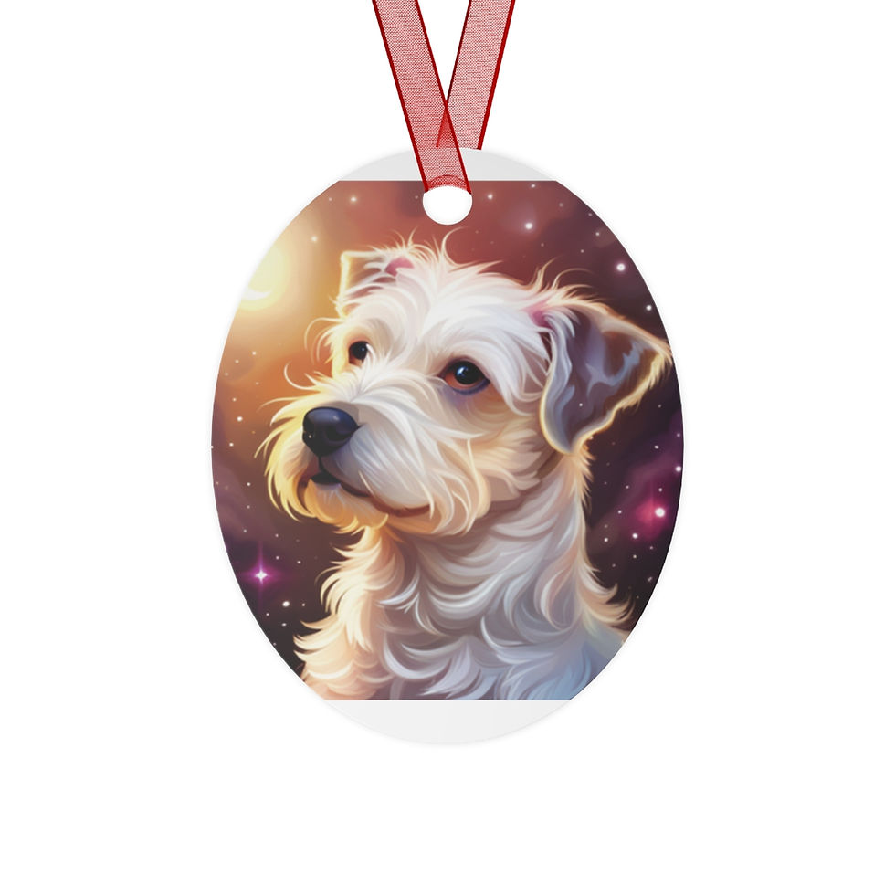oval metal ornament with portrait of a Chatterdale Terrier in Fantasy Style