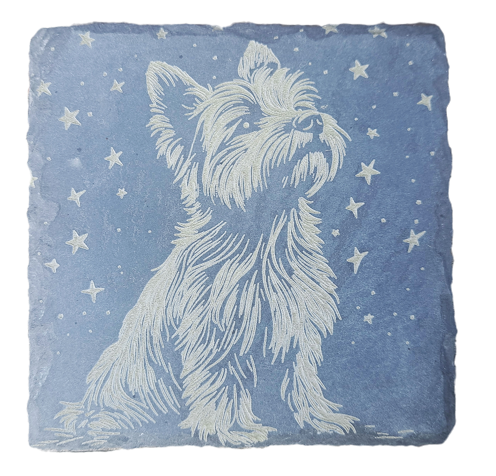 square slate drink coaster with a seated yorkshire terrier dog surrounded by stars for dog lovers