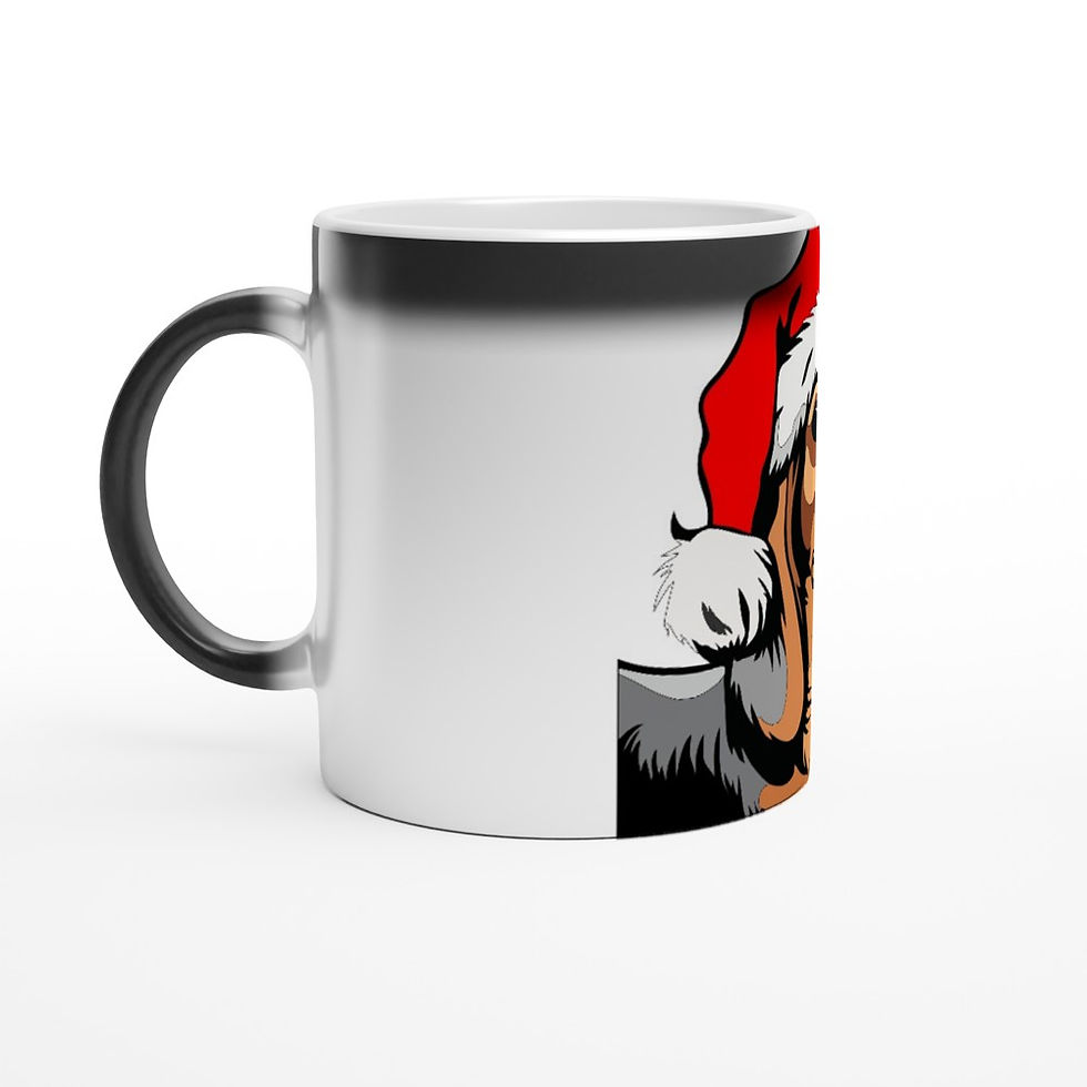 glossy black magic mug that reveals a portrait of a Dachshund in a Santa Hat