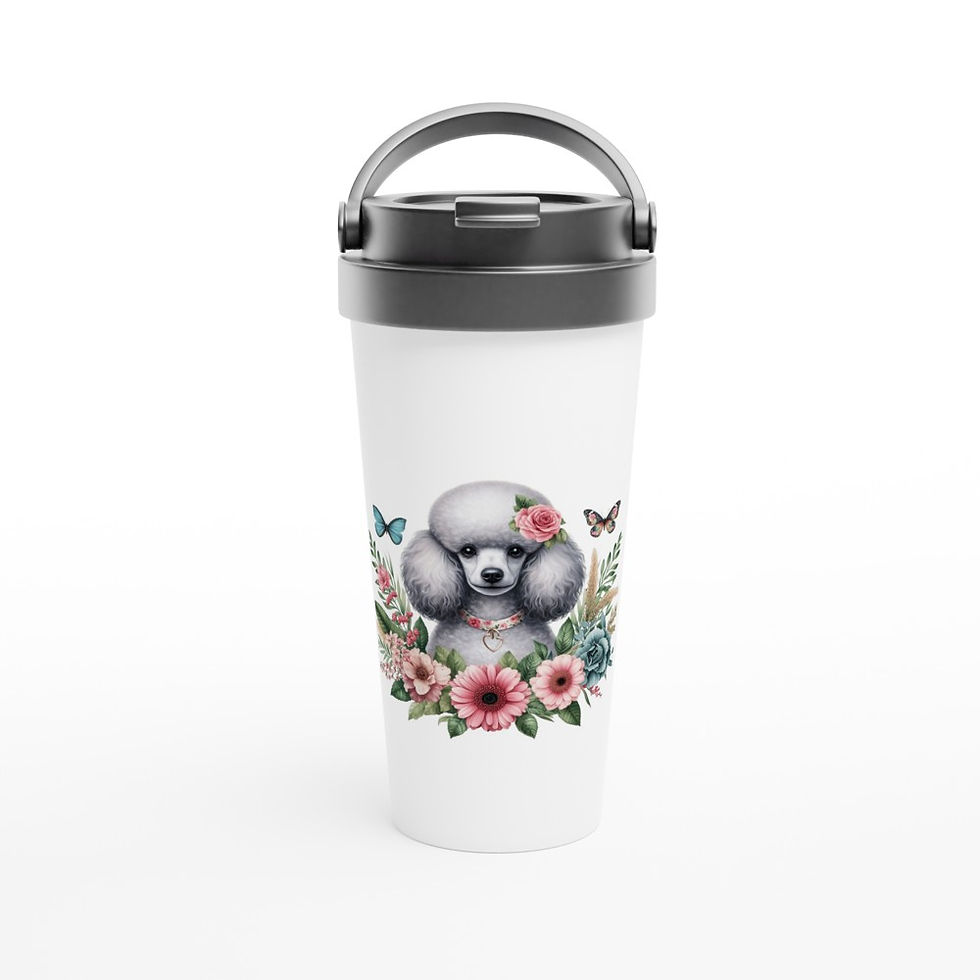 white stainless steel travel mug with portrait of a poodle with flowers