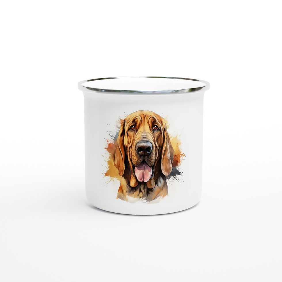 white enamel camping mug with portrait of a bloodhound dog breed