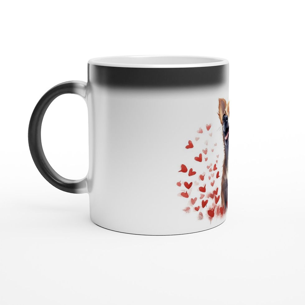 glossy black ceramic magic mug that reveals a picture of a fawn chihuahua surrounded by hearts