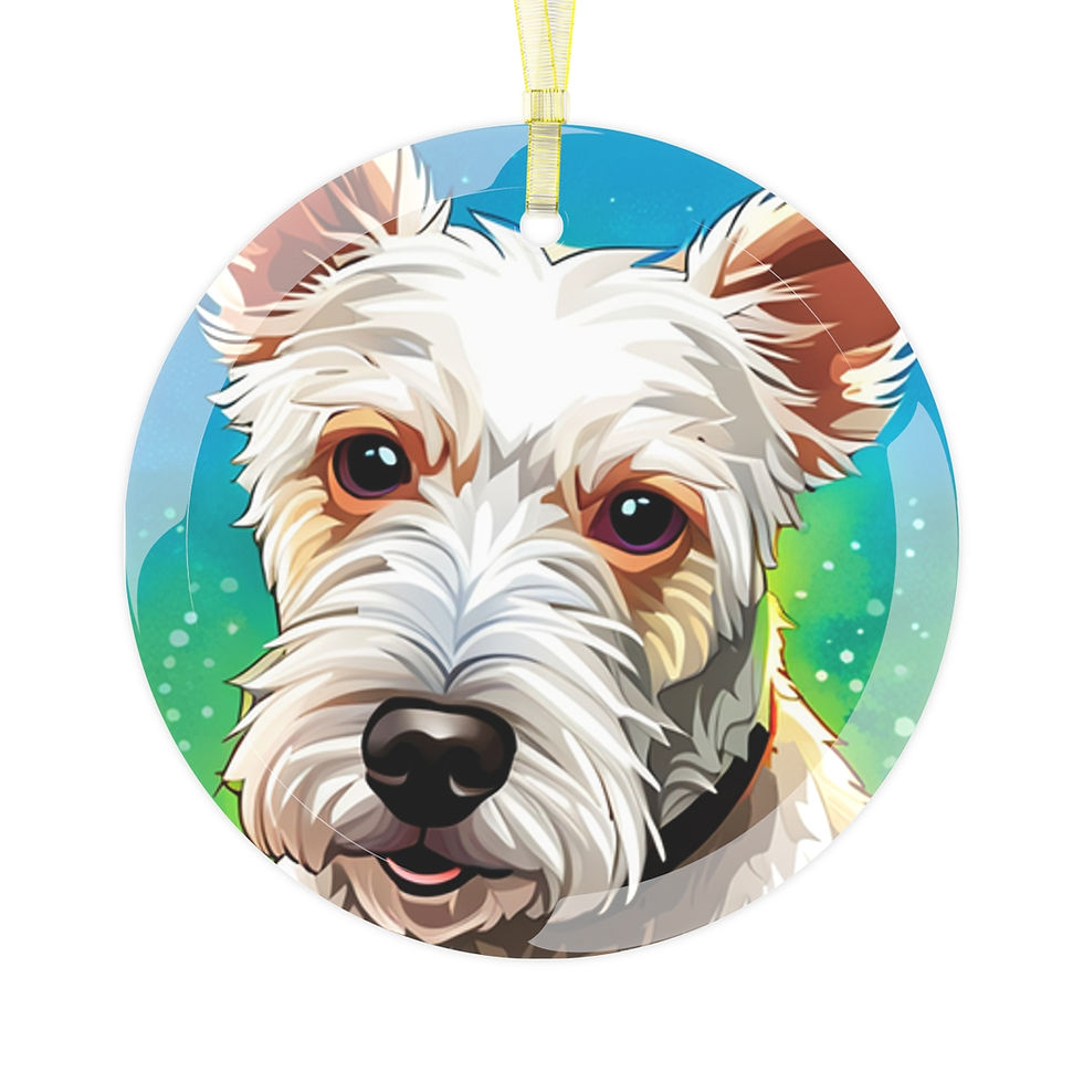 round glass ornament or suncatcher with portrait of an English White Terrier Dog