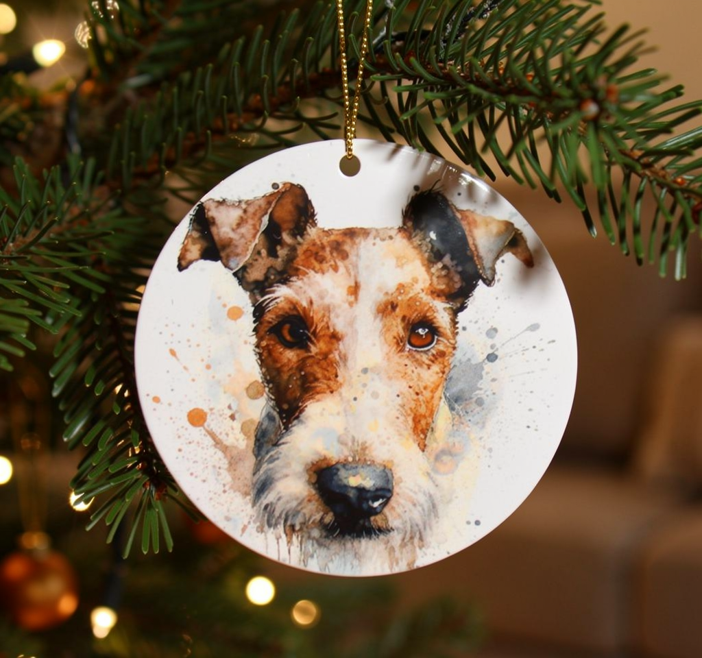 Portrait of a Jack Russell Terrier with splatter paint on a round white ornament for dog lovers
