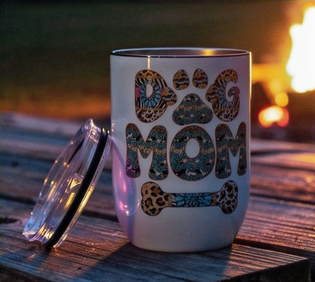 Dog mom with bone white stainless steel insulated wine tumbler for dog lovers