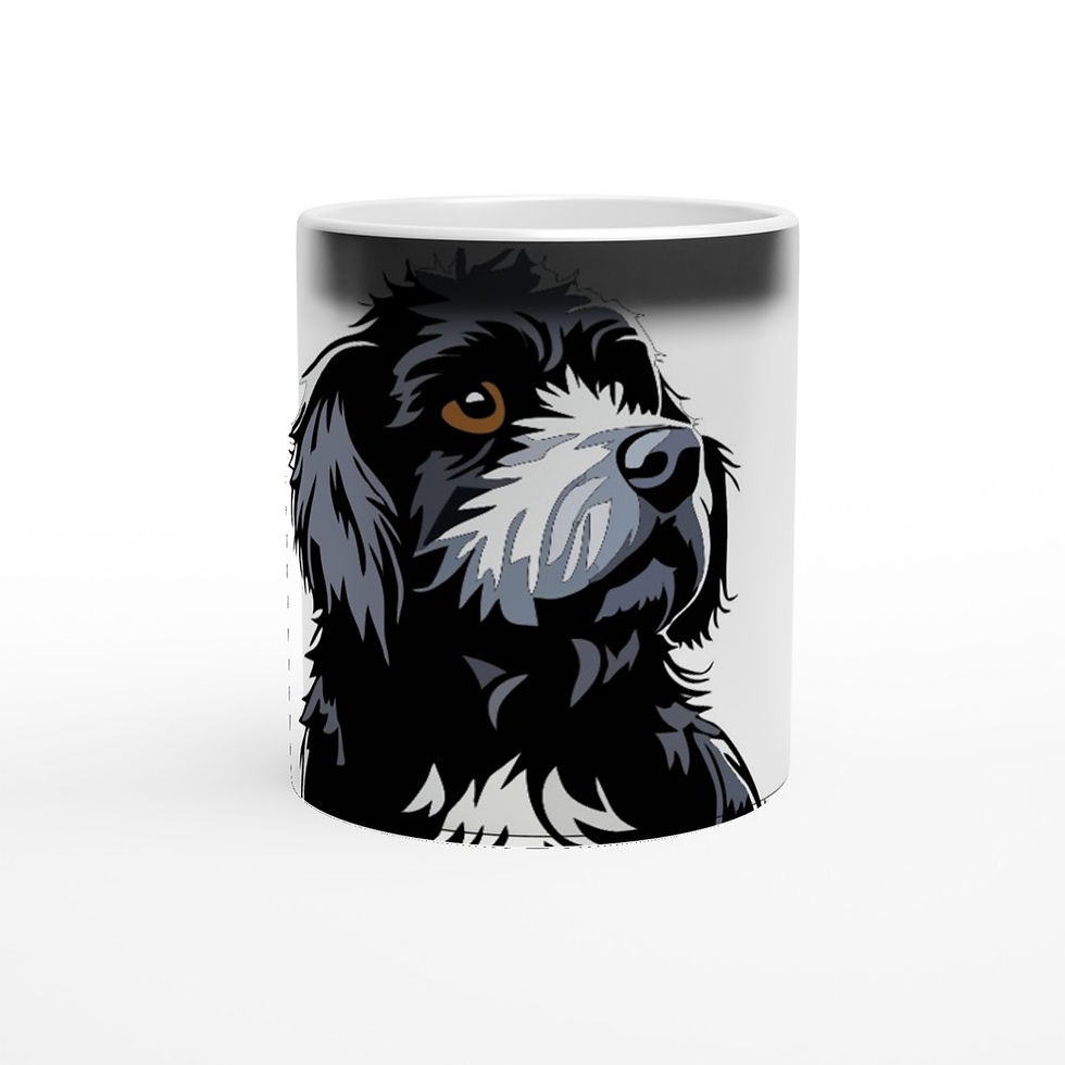 glossy black mug that reveals a portrait of a Portuguese Water Dog when hot fluids are added